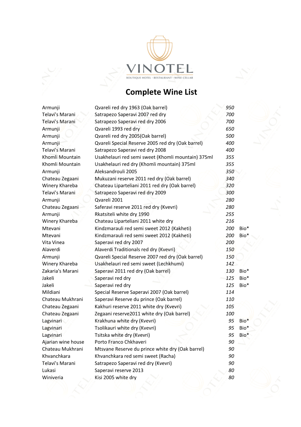 Complete Wine List