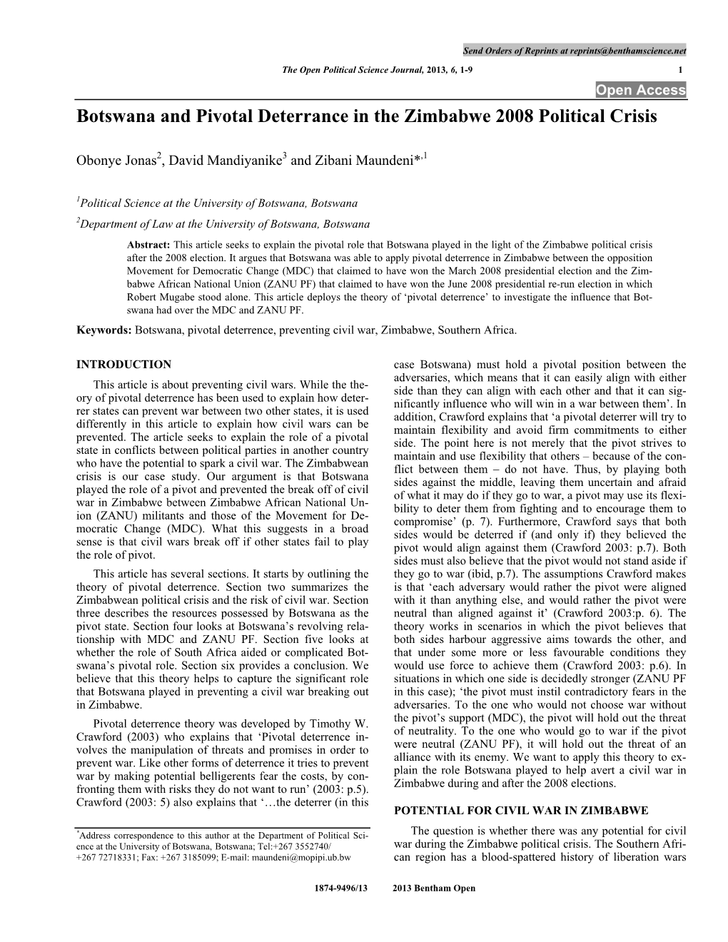 Botswana and Pivotal Deterrance in the Zimbabwe 2008 Political Crisis