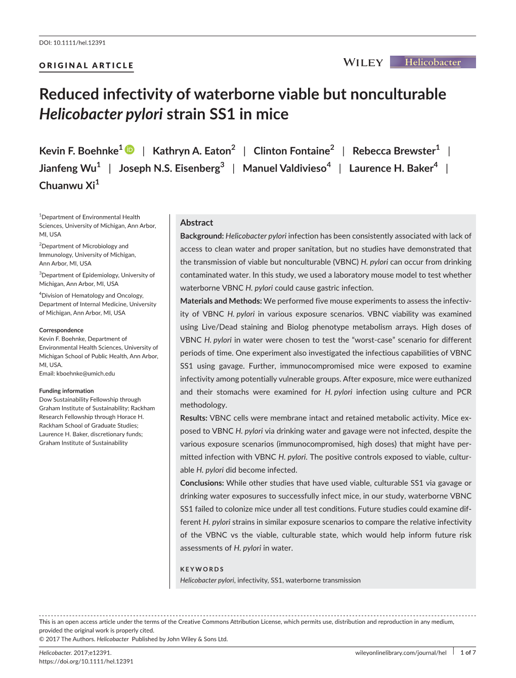 Reduced Infectivity of Waterborne Viable but Nonculturable Helicobacter Pylori Strain SS1 in Mice