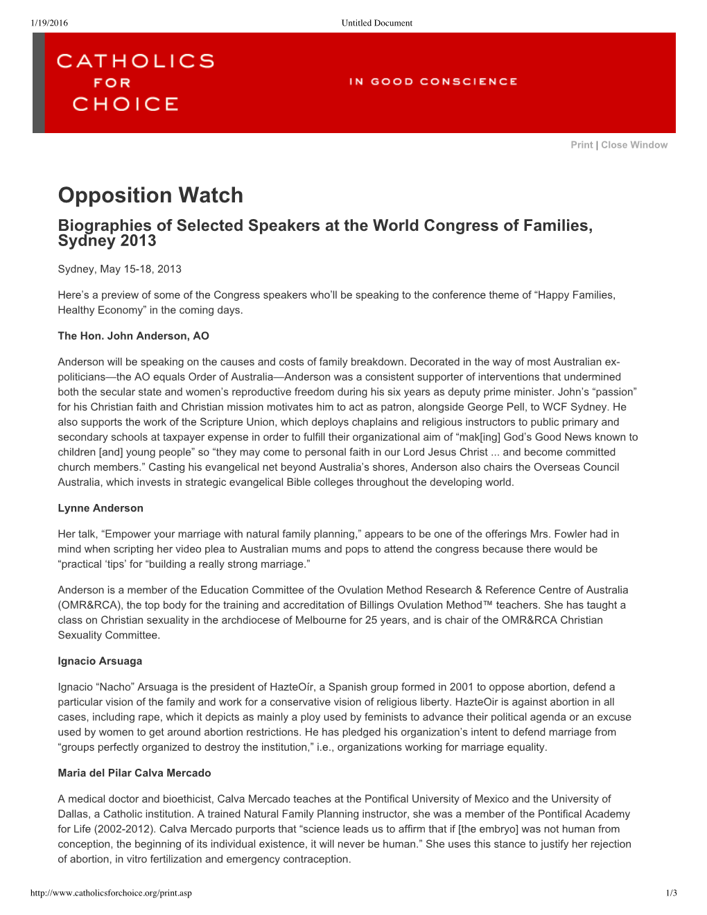 Opposition Watch Biographies of Selected Speakers at the World Congress of Families, Sydney 2013