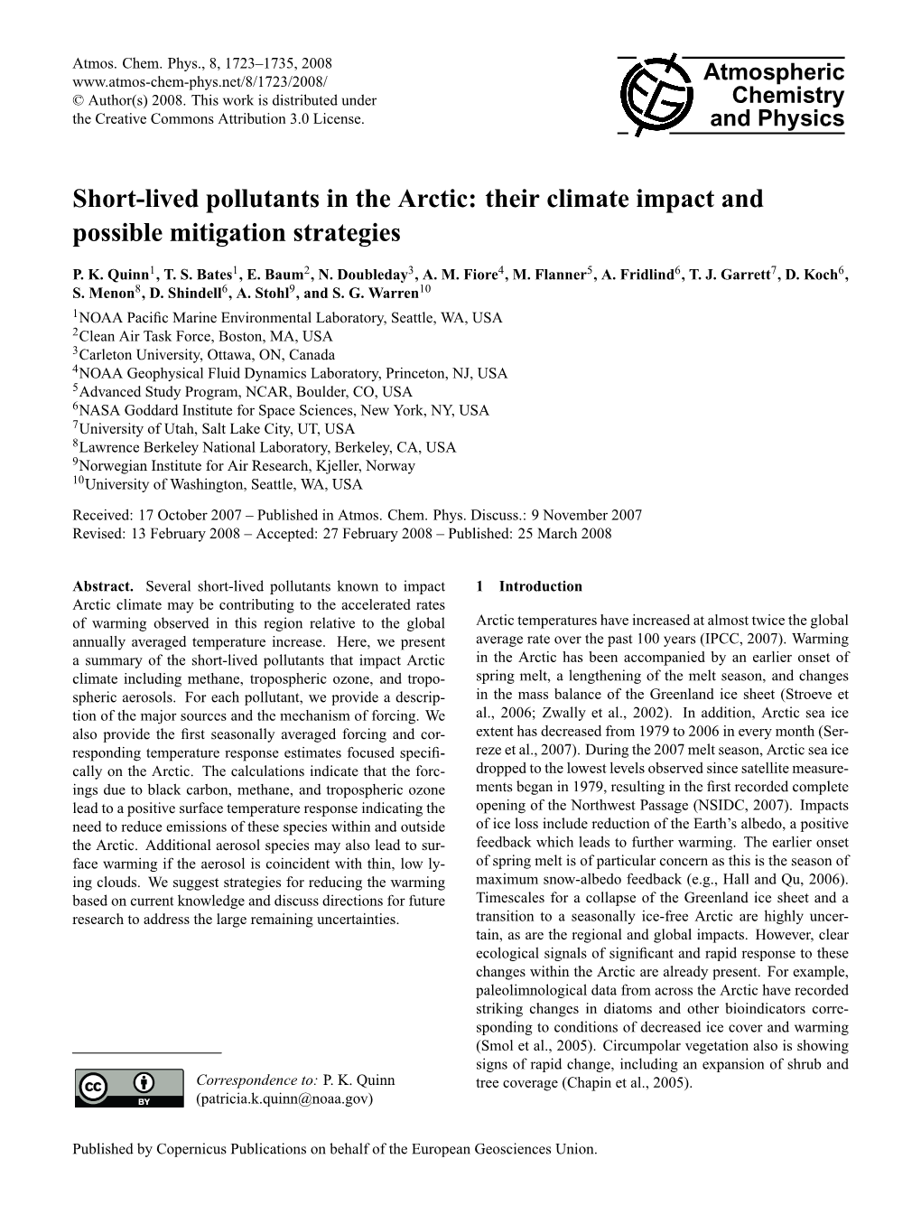 Short-Lived Pollutants in the Arctic: Their Climate Impact and Possible Mitigation Strategies