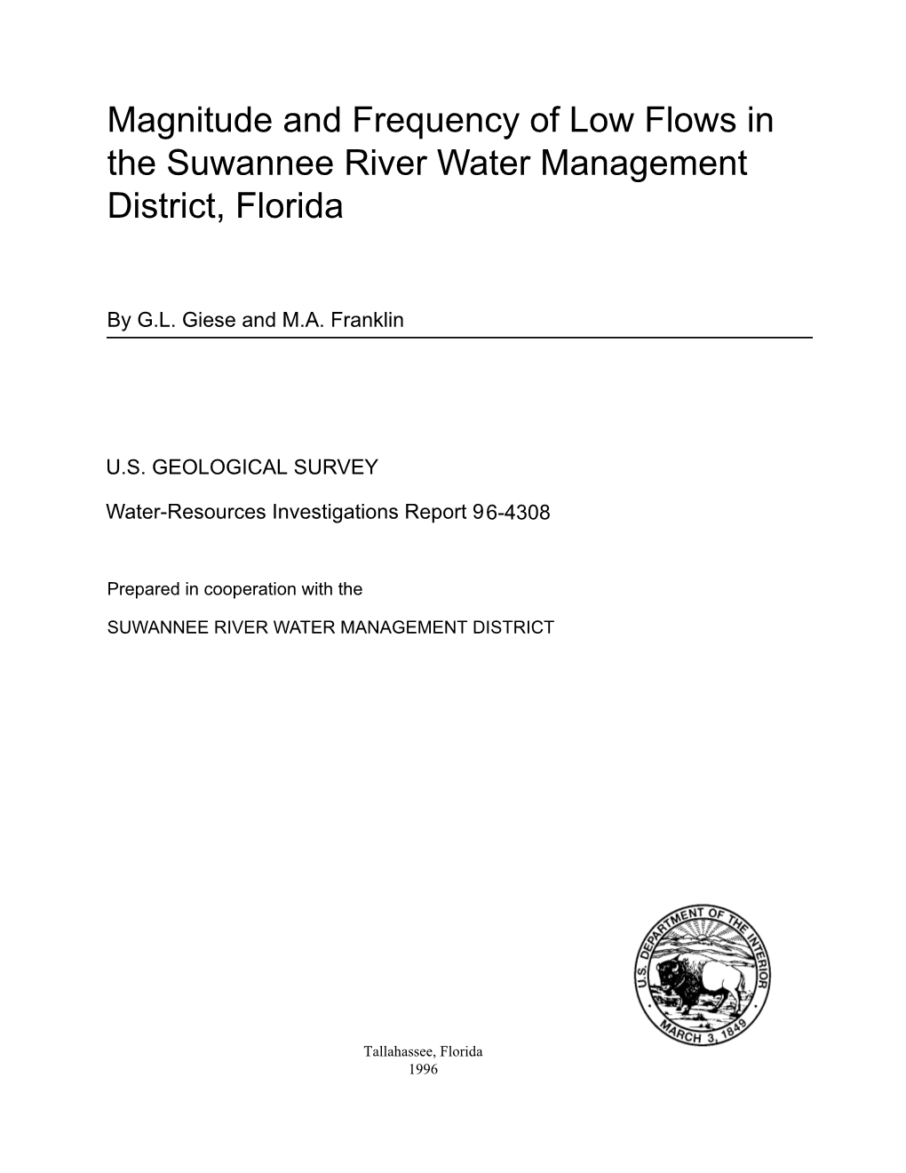 Magnitude and Frequency of Low Flows in the Suwannee River Water Management District, Florida