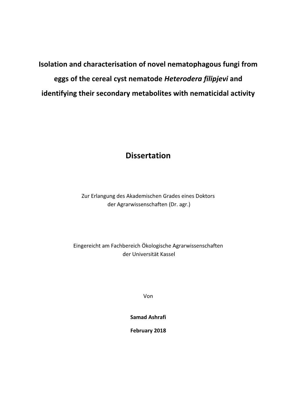 Isolation and Characterisation of Novel Nematophagous Fungi from Eggs of the Cereal Cyst Nematode Heterodera Filipjevi and Ident