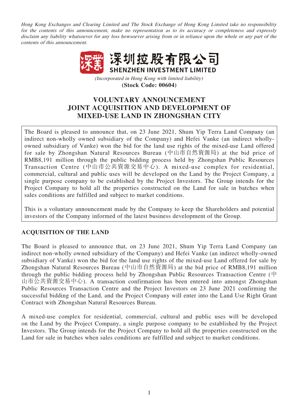 Voluntary Announcement Joint Acquisition and Development of Mixed-Use Land in Zhongshan City