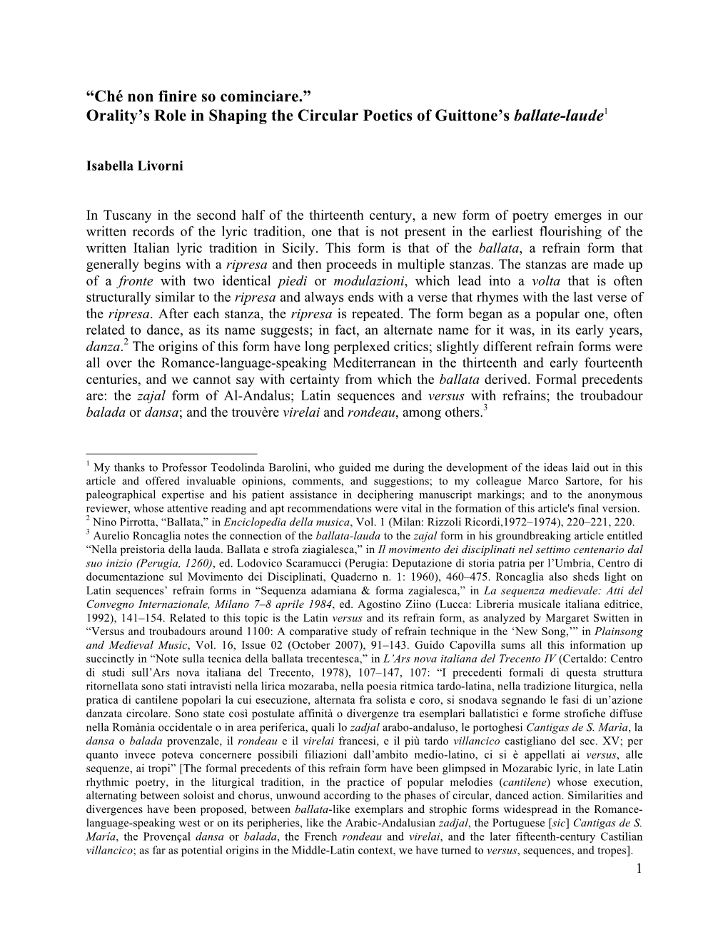 Orality's Role in Shaping the Circular Poetics of Guittone's Ballate-Laude1
