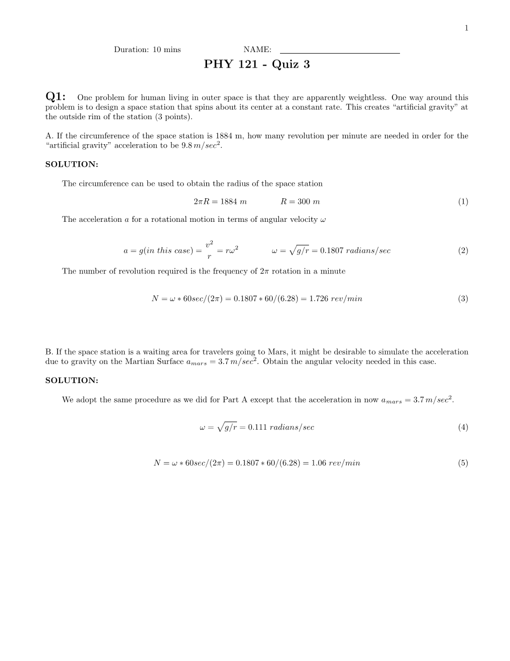 PHY 121 - Quiz 3