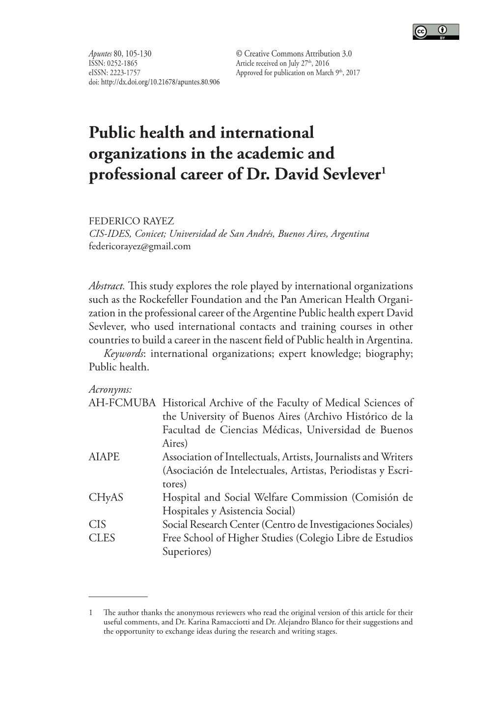 Public Health and International Organizations in the Academic and Professional Career of Dr