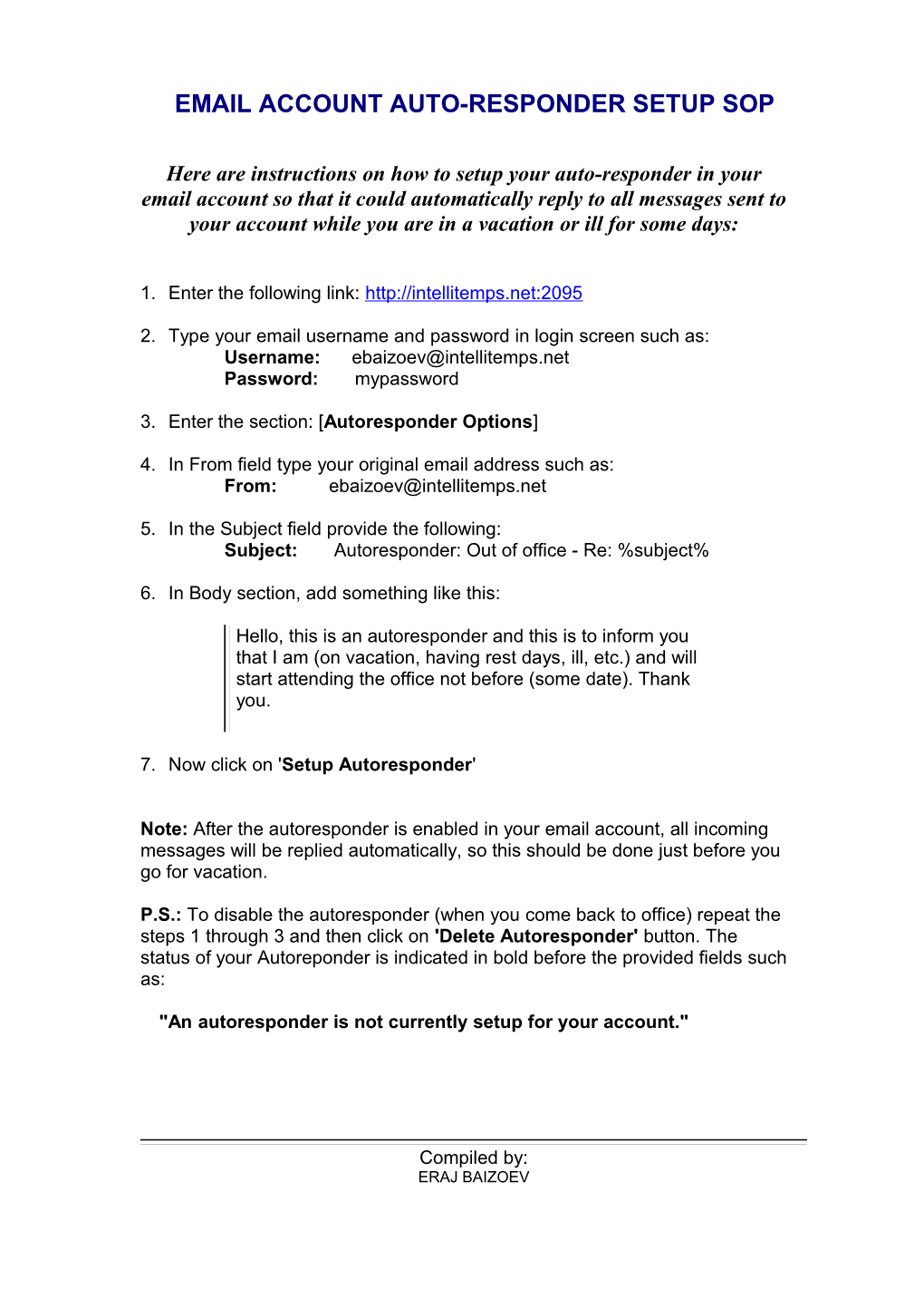 Email Account Auto-Responder Setup Sop