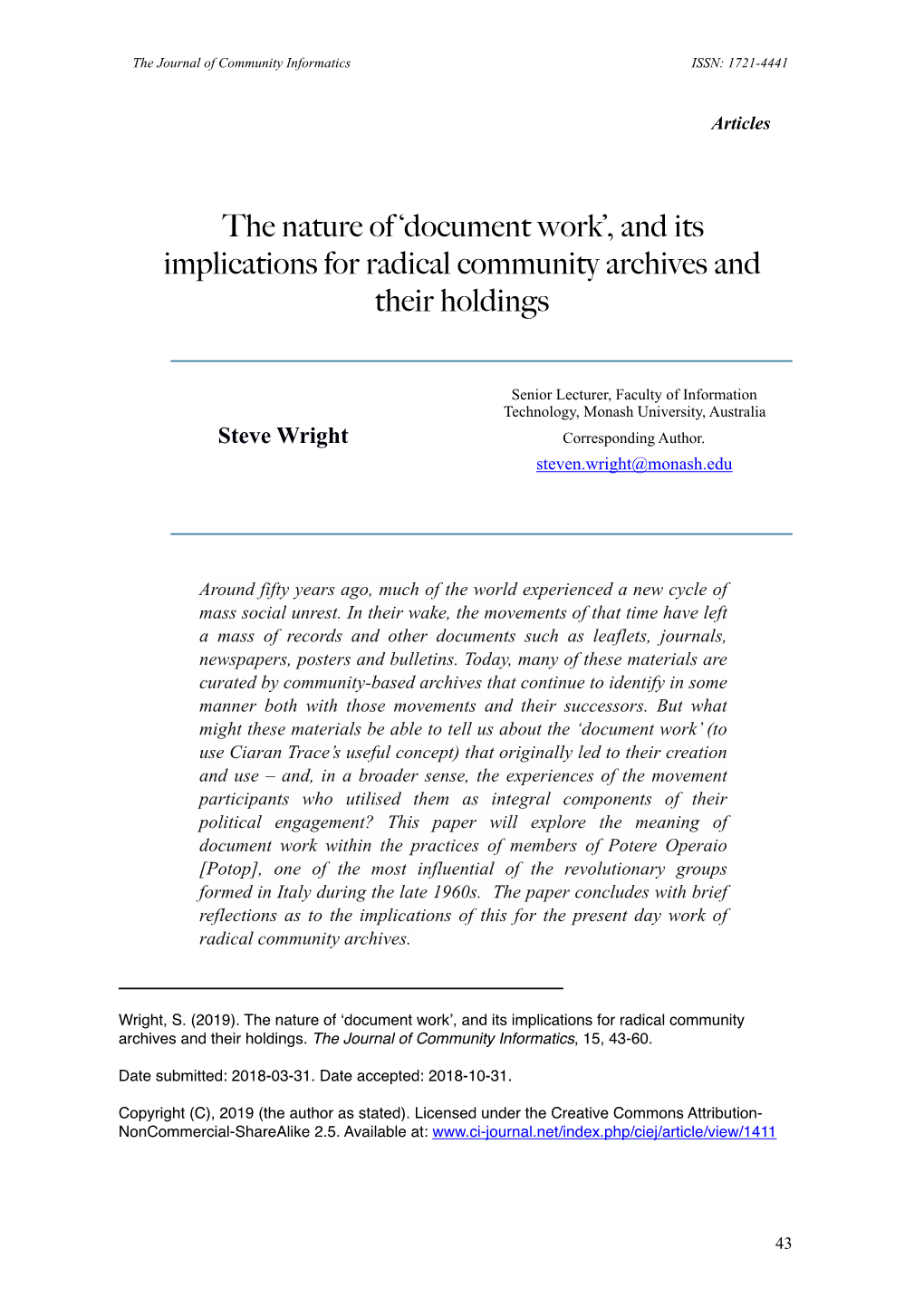 'Document Work', and Its Implications for Radical Community Archives And