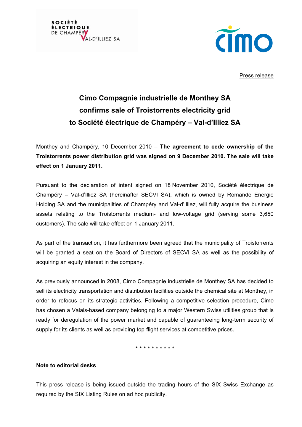 Cimo Compagnie Industrielle De Monthey SA Confirms Sale of Troistorrents Electricity Grid to Société Électrique De Champéry – Val-D’Illiez SA