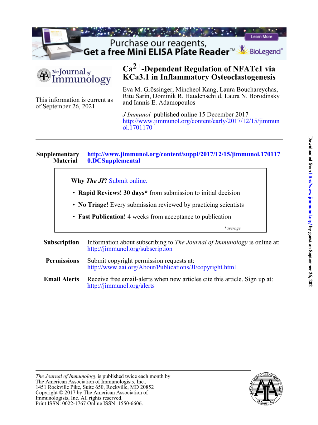 Ca2+-Dependent Regulation of Nfatc1 Via Kca3.1 in Inflammatory Osteoclastogenesis Eva M