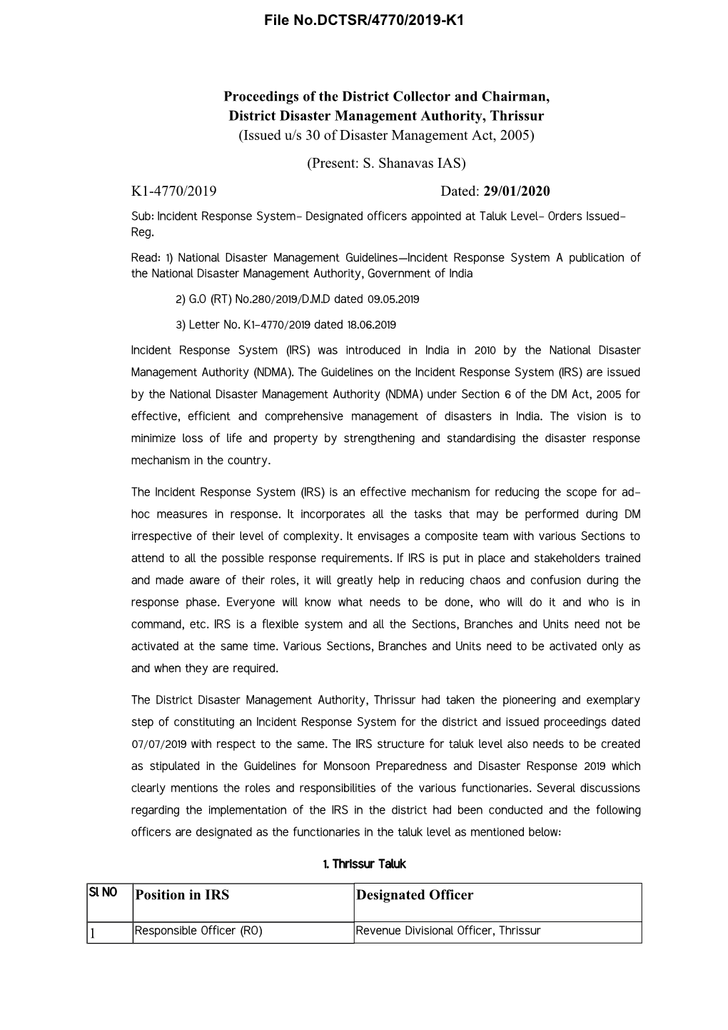 Proceedings of the District Collector and Chairman, District Disaster Management Authority, Thrissur (Issued U/S 30 of Disaster Management Act, 2005) (Present: S