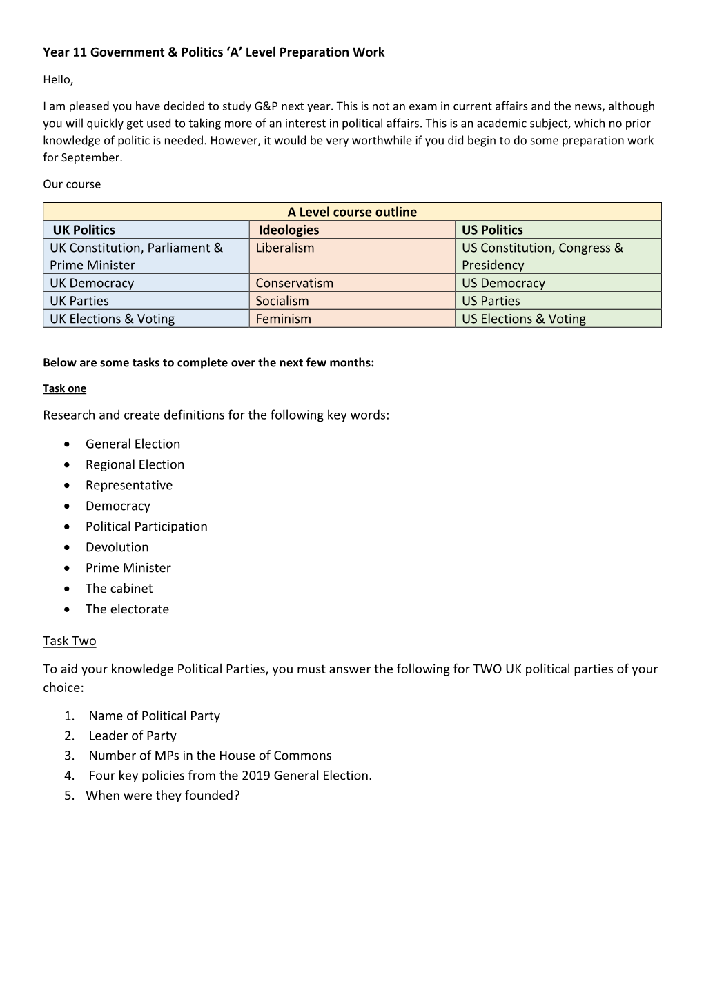 Year 11 Government & Politics 'A' Level Preparation Work