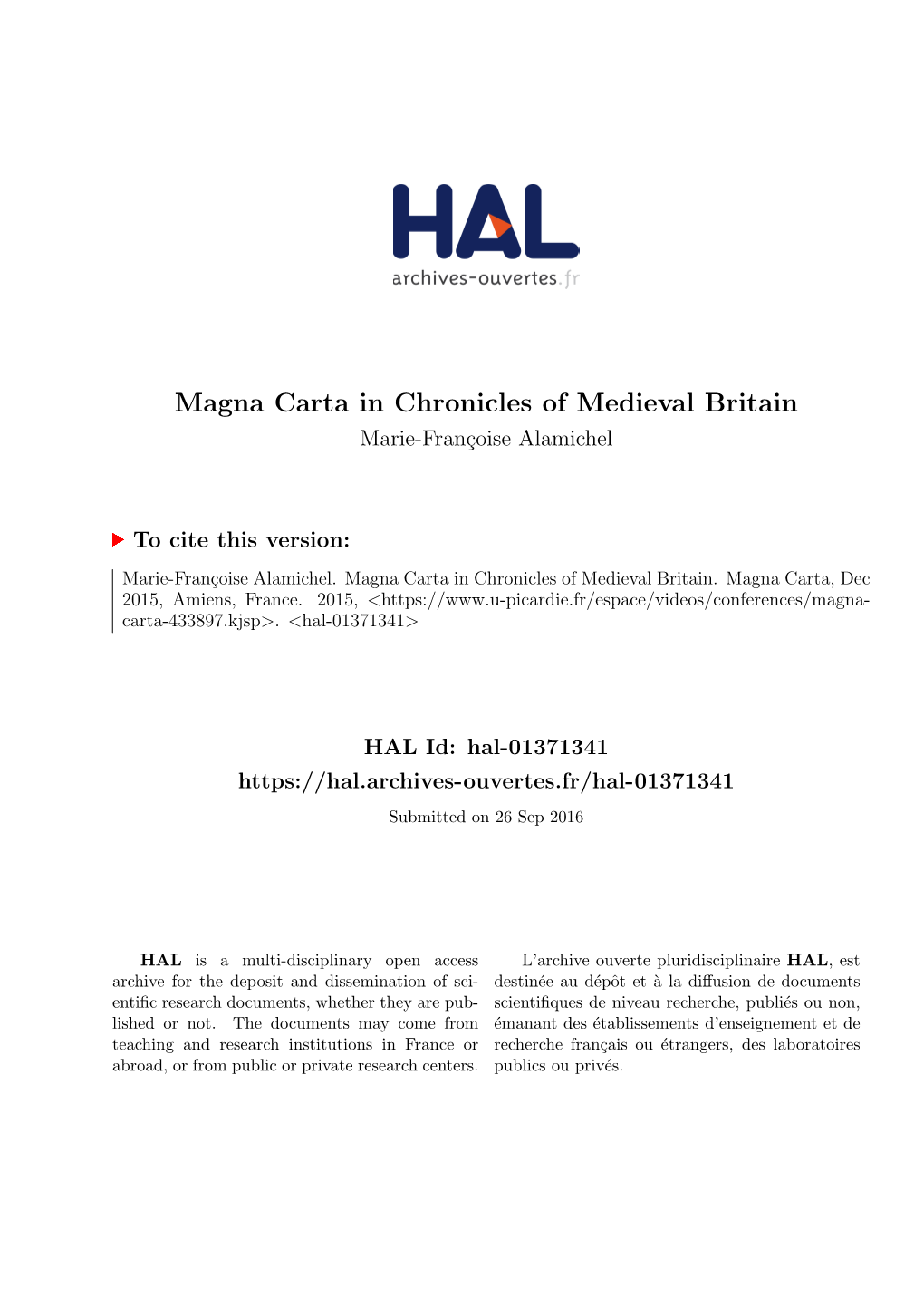 Magna Carta in Chronicles of Medieval Britain Marie-Fran¸Coisealamichel