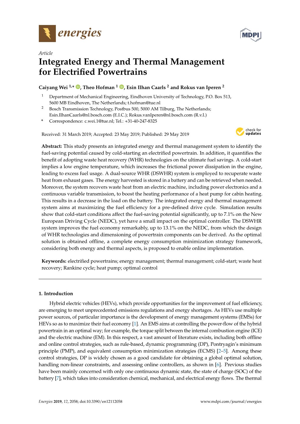 Integrated Energy and Thermal Management for Electrified Powertrains