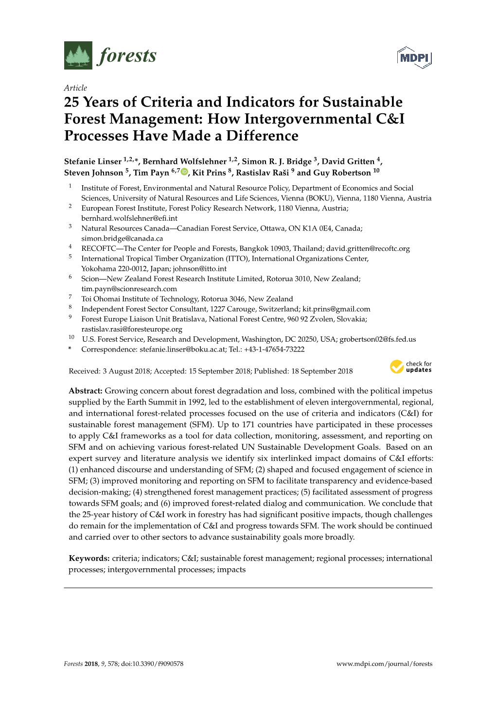 25 Years of Criteria and Indicators for Sustainable Forest Management: How Intergovernmental C&I Processes Have Made a Difference