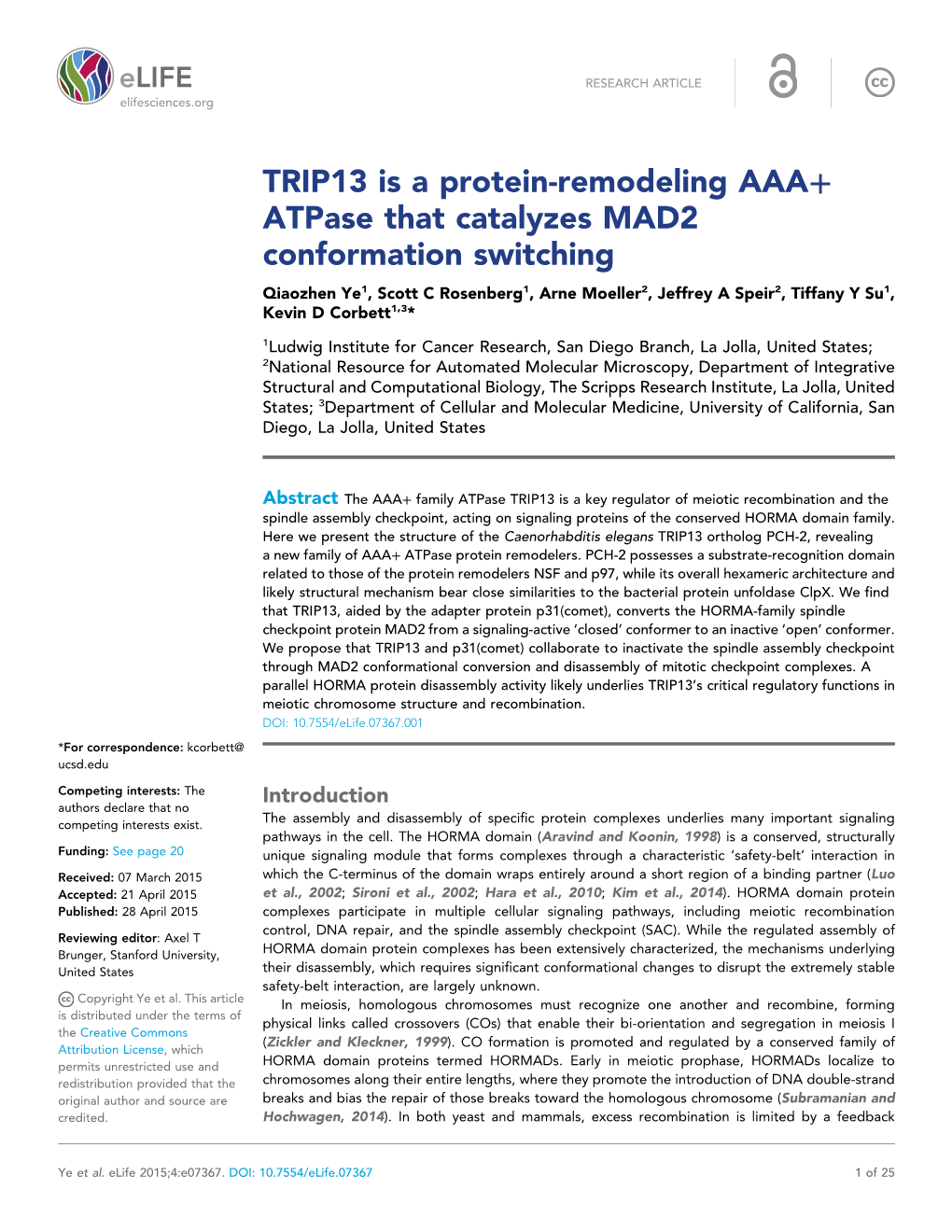 TRIP13 Is a Protein-Remodeling AAA+ Atpase That Catalyzes MAD2