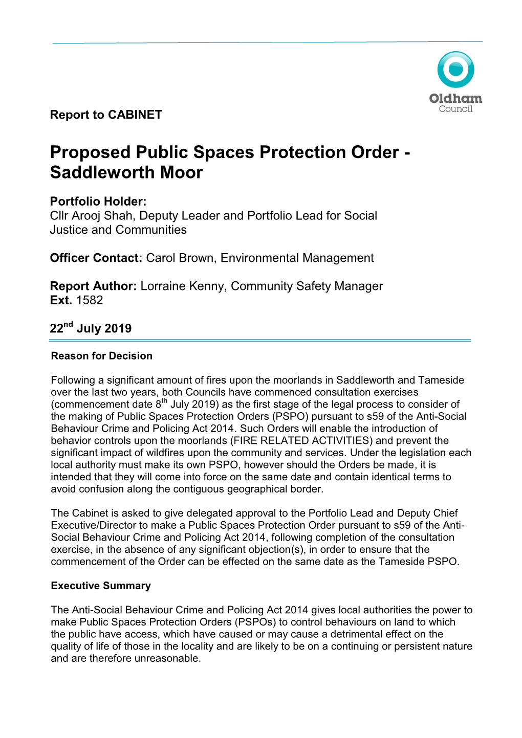 Proposed Public Spaces Protection Order - Saddleworth Moor