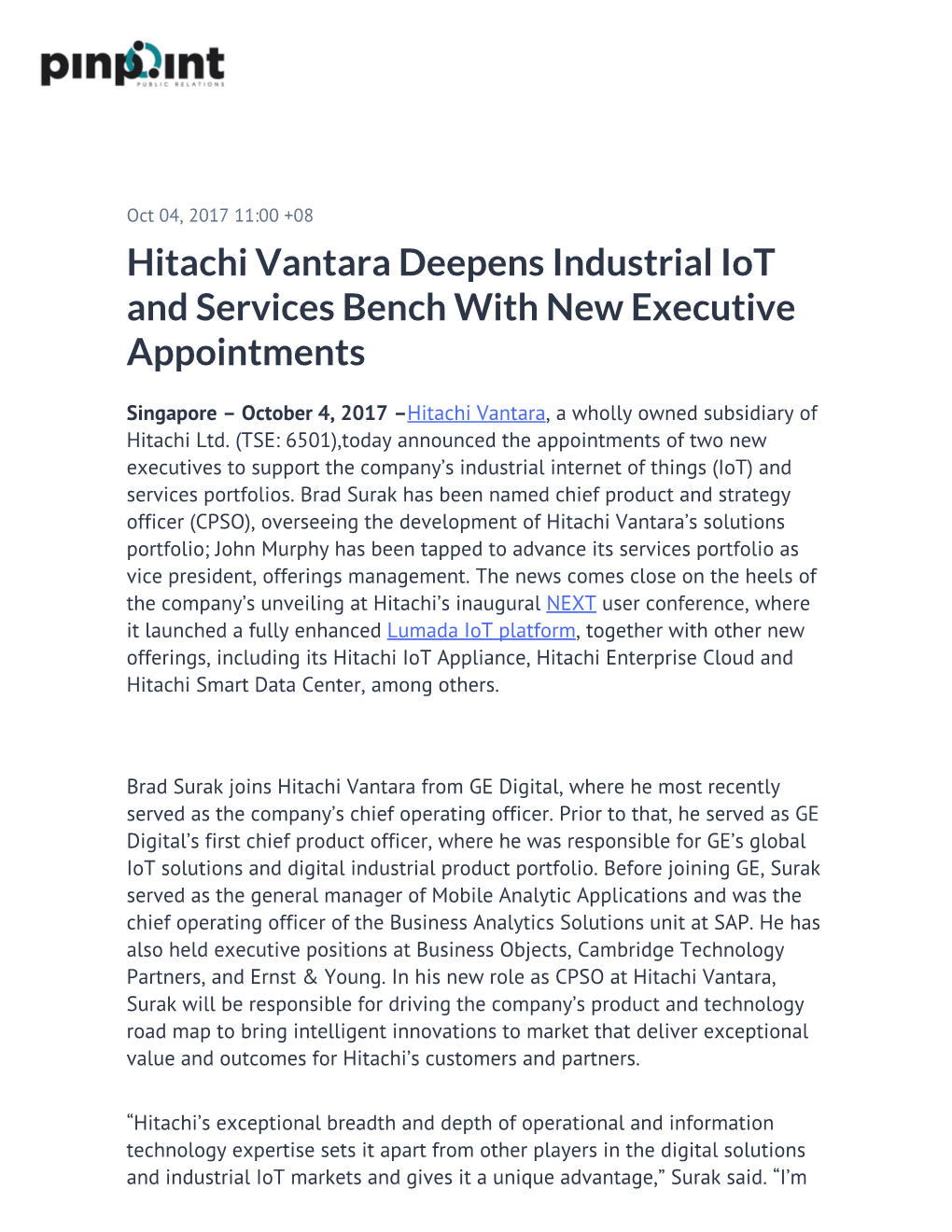 Hitachi Vantara Deepens Industrial Iot and Services Bench with New Executive Appointments