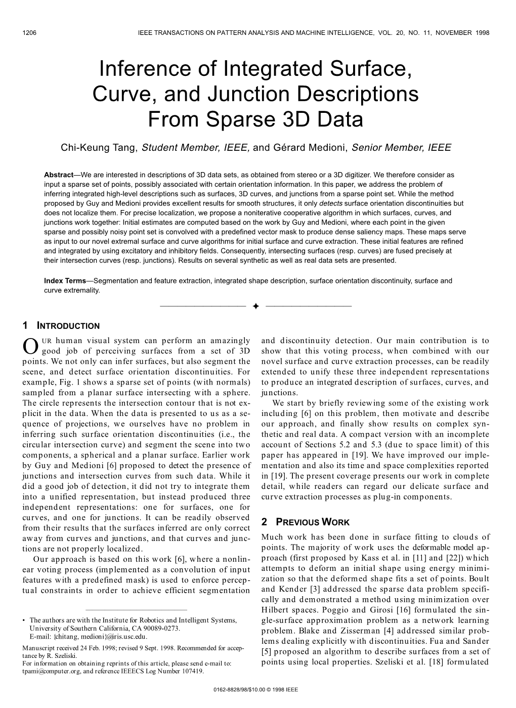 Inference of Integrated Surface, Curve, and Junction Descriptions from Sparse 3D Data