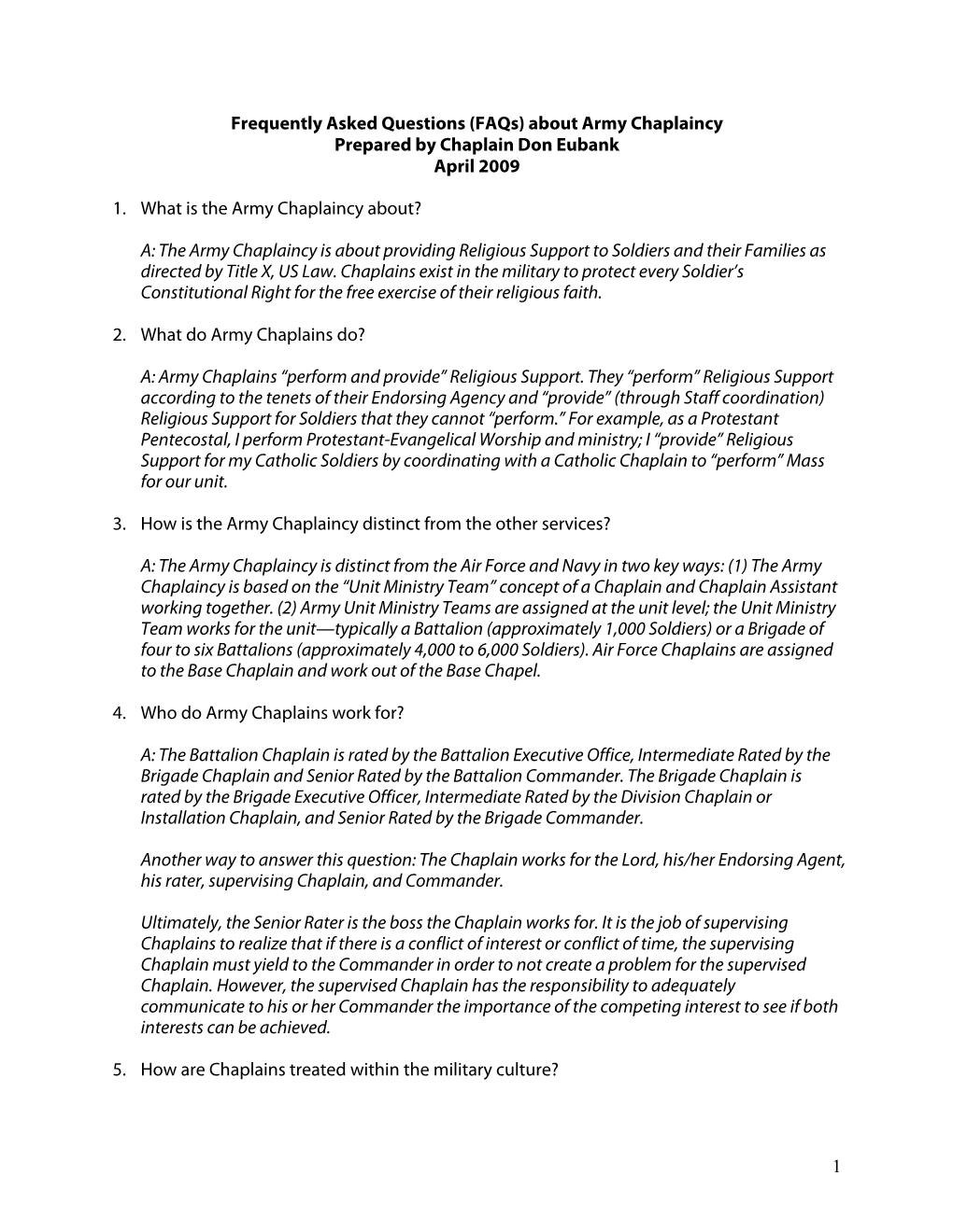 (Faqs) About Army Chaplaincy Prepared by Chaplain Don Eubank April 2009