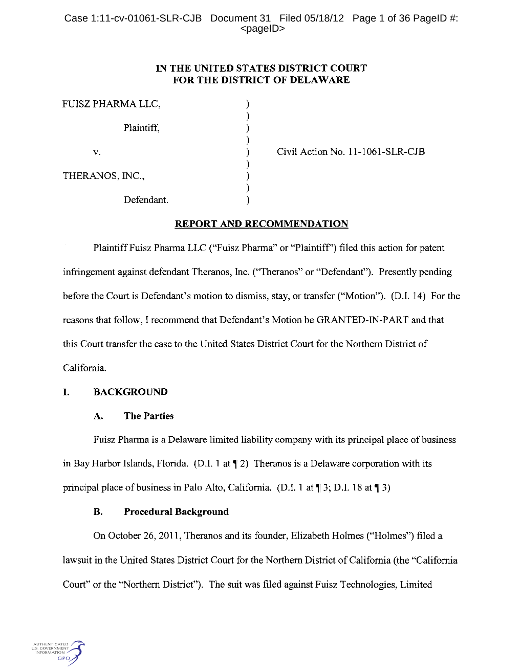 Case 1:11-Cv-01061-SLR-CJB Document 31 Filed 05/18/12 Page 1 of 36 Pageid