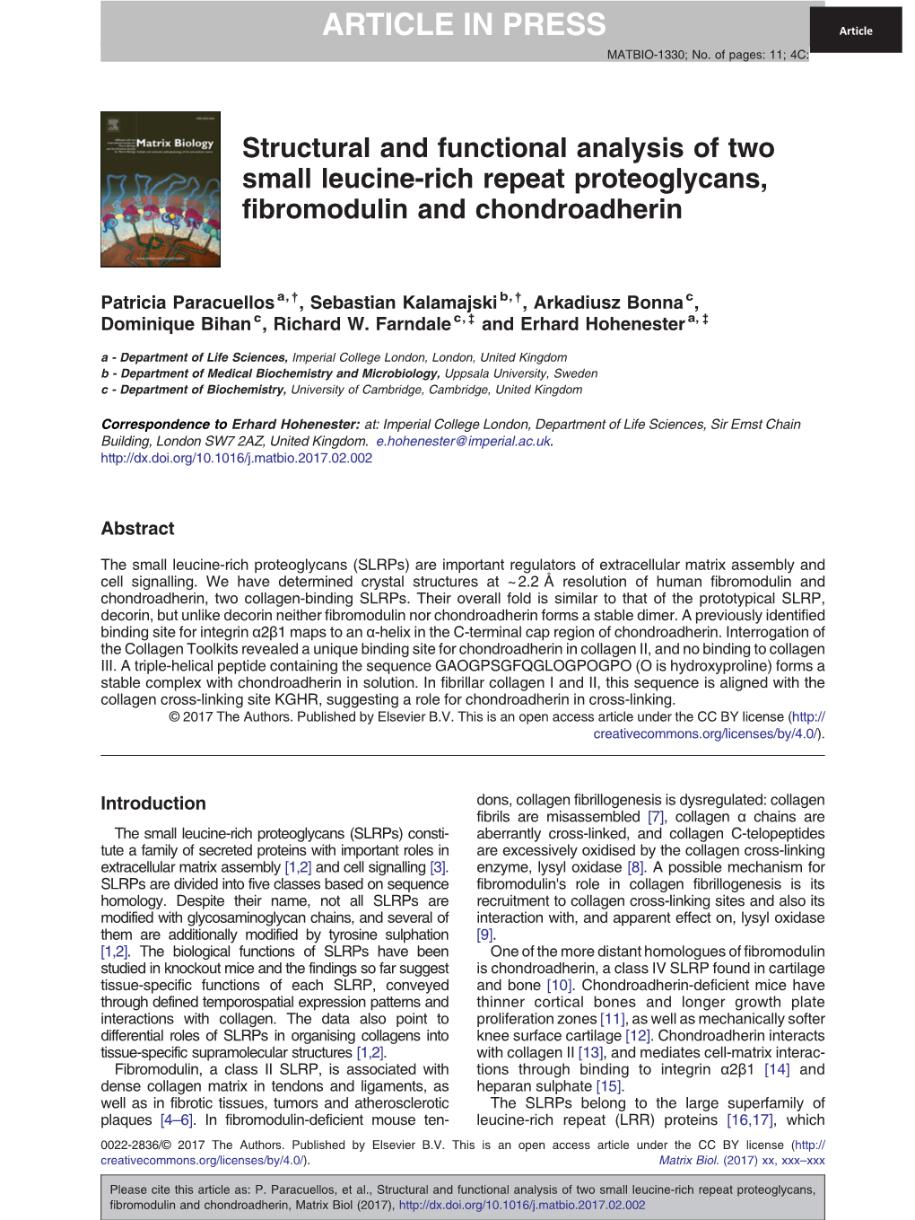 Structural and Functional Analysis of Two Small Leucine-Rich Repeat Proteoglycans, Fibromodulin and Chondroadherin