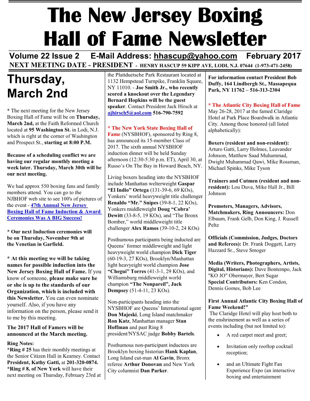 N.J. Boxing Hall of Fame Newsletter February 2017