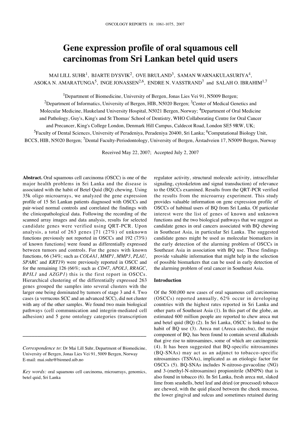 Gene Expression Profile of Oral Squamous Cell Carcinomas from Sri Lankan Betel Quid Users