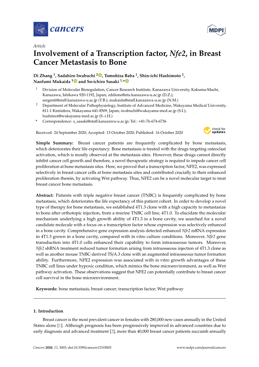 Involvement of a Transcription Factor, Nfe2, in Breast Cancer Metastasis to Bone