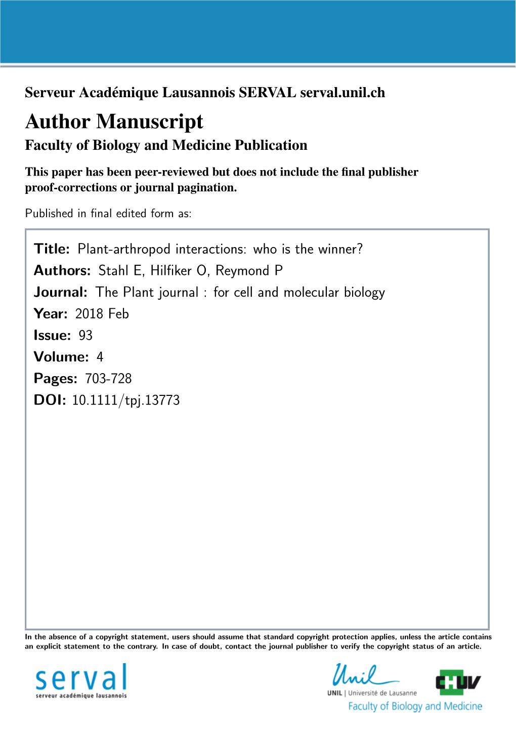 Author Manuscript Faculty of Biology and Medicine Publication