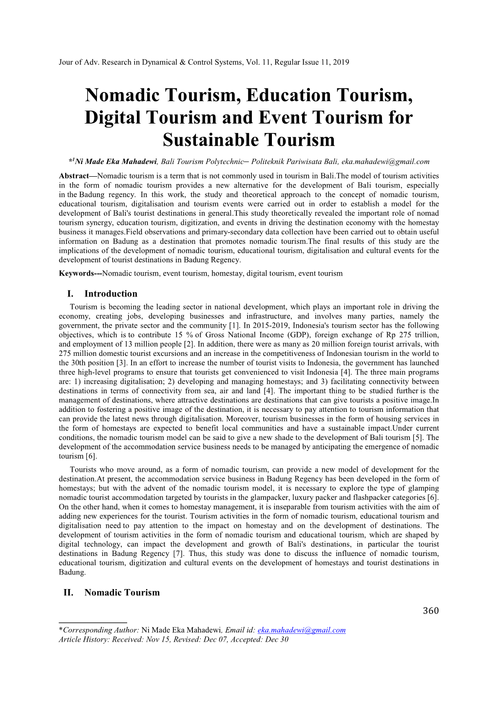 Nomadic Tourism, Education Tourism, Digital Tourism and Event Tourism for Sustainable Tourism