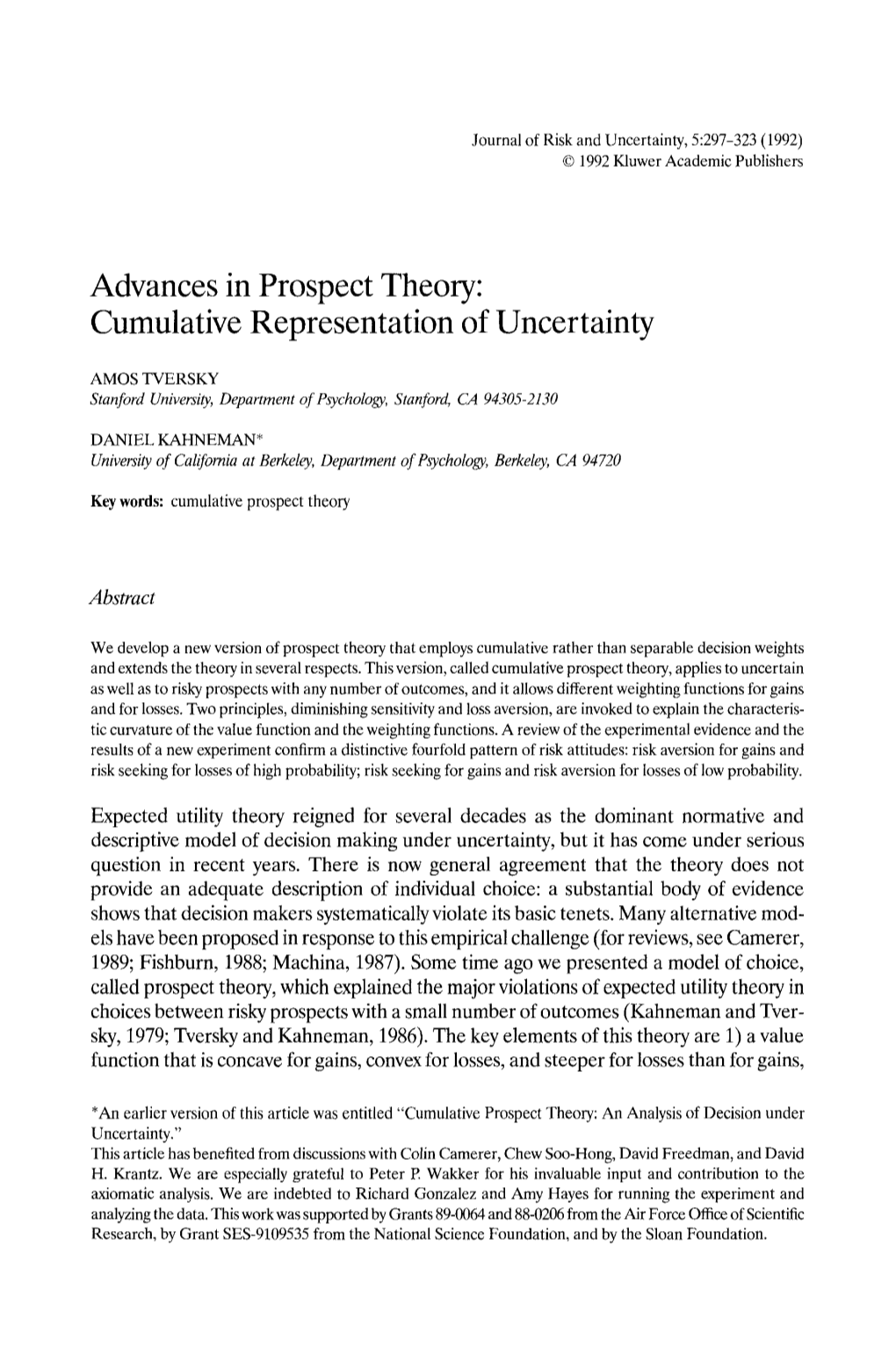 Advances in Prospect Theory: Cumulative Representation of Uncertainty