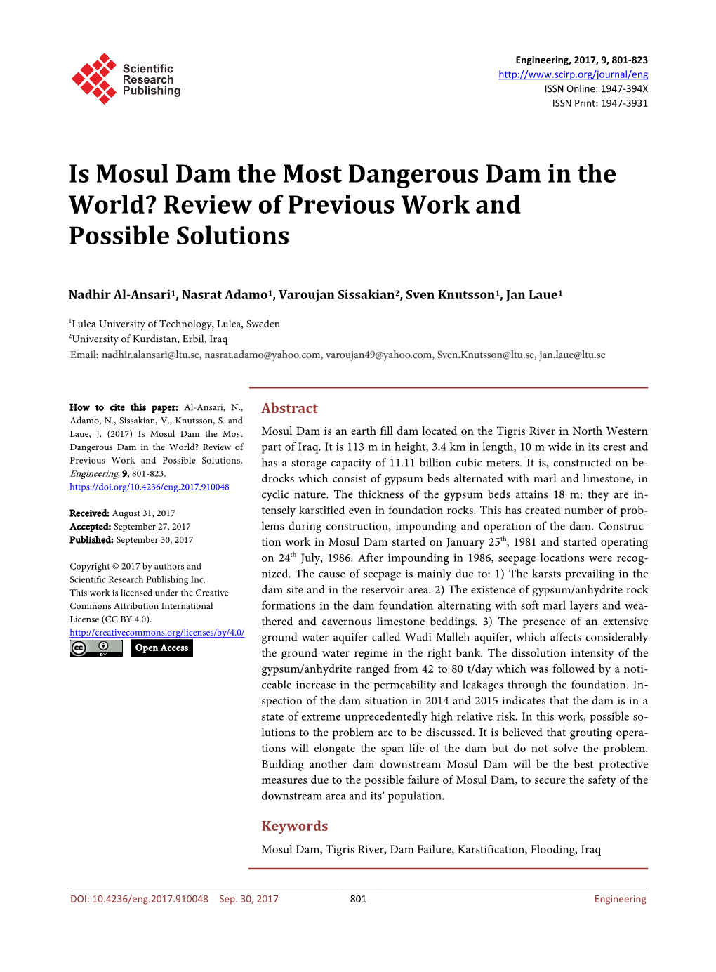 Is Mosul Dam the Most Dangerous Dam in the World? Review of Previous Work and Possible Solutions