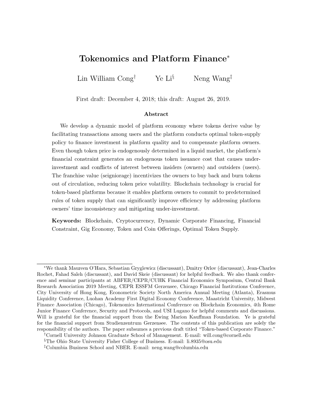 Tokenomics and Platform Finance∗