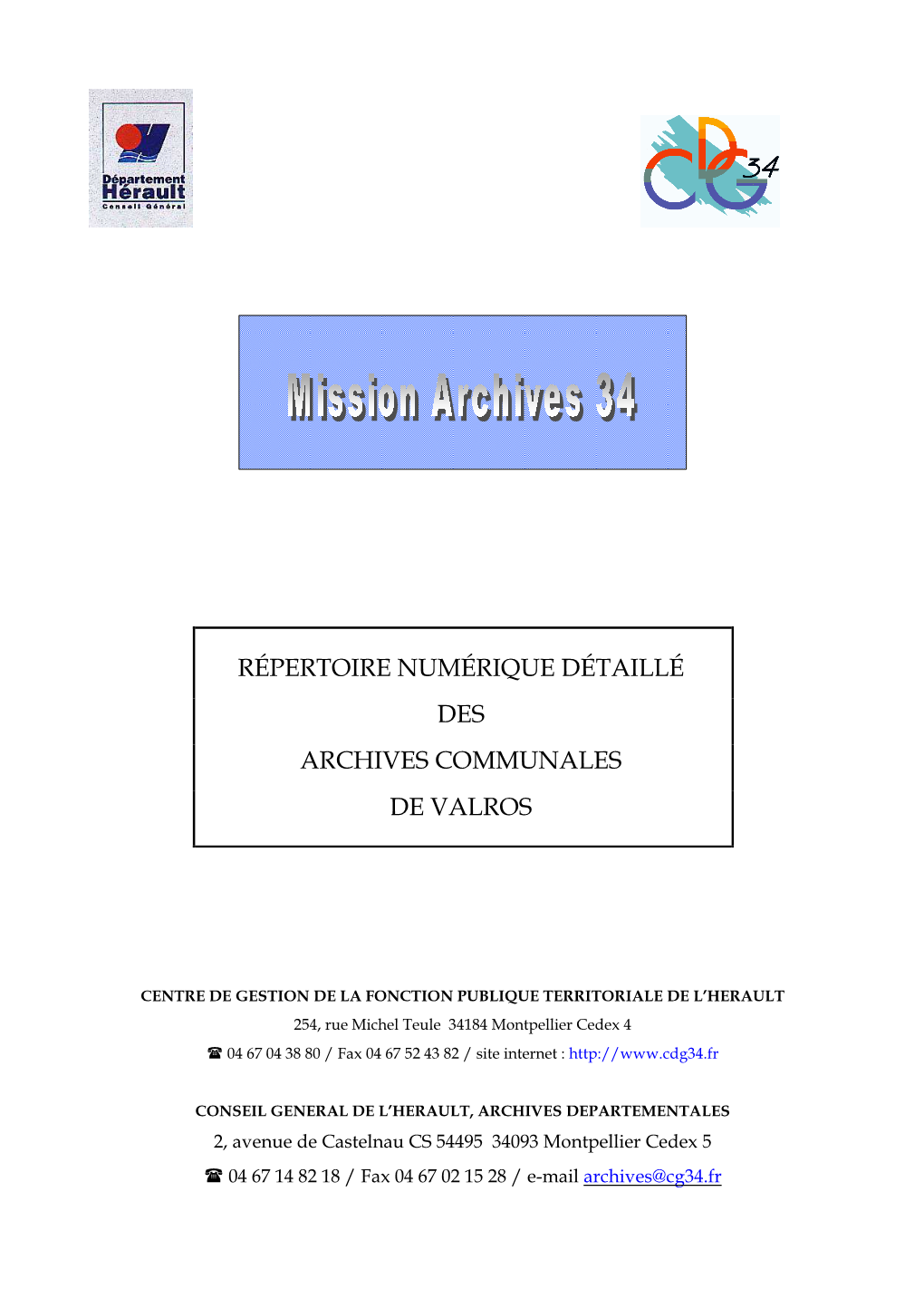 Répertoire Numérique Détaillé Des Archives Communales De Valros