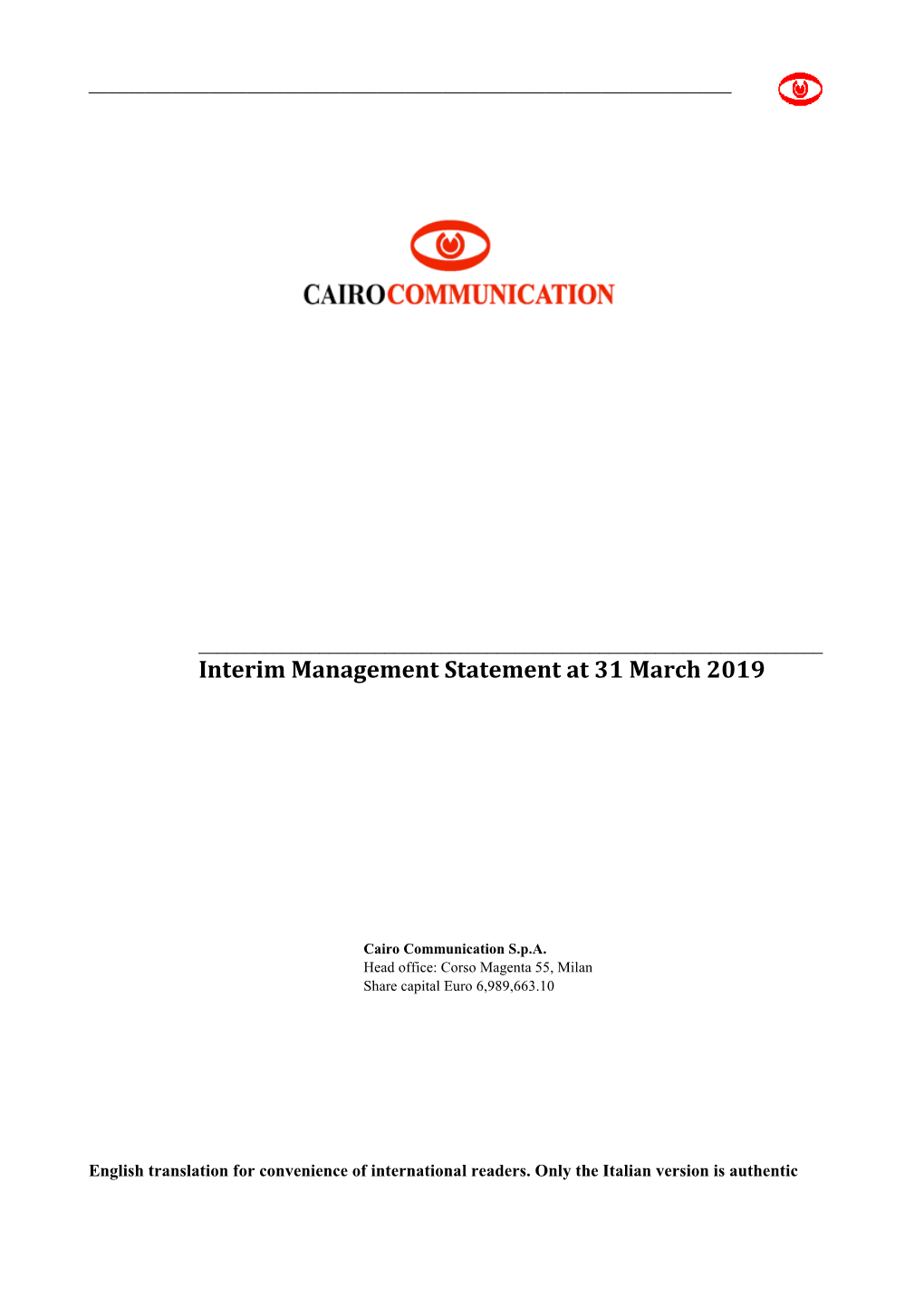 Interim Management Statement at 31 March 2019