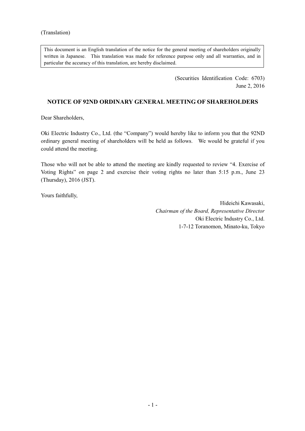 Notice of 92Nd Ordinary General Meeting of Shareholders