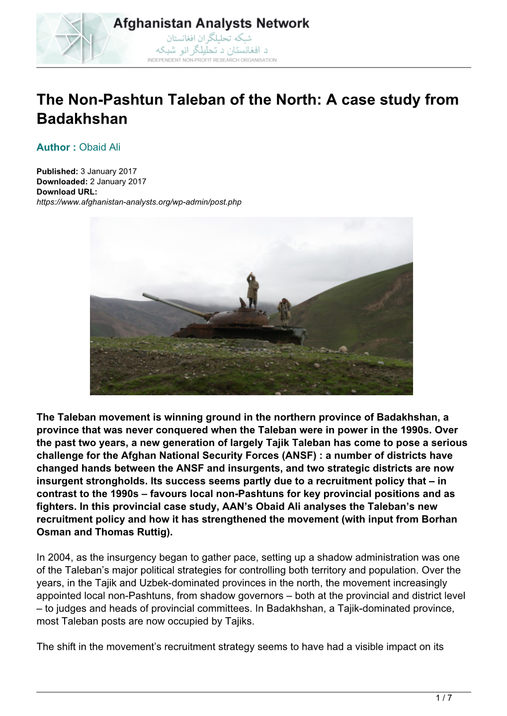 The Non-Pashtun Taleban of the North: a Case Study from Badakhshan