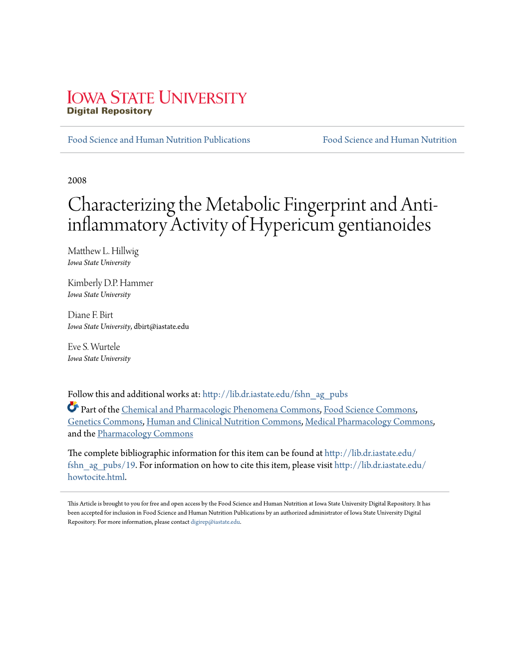 Characterizing the Metabolic Fingerprint and Anti-Inflammatory Activity of Hypericum Gentianoides