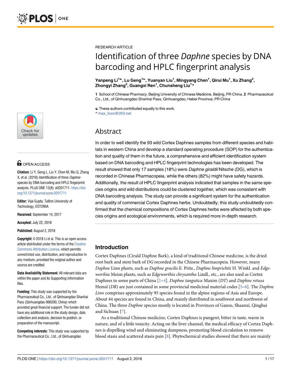 Identification of Three Daphne Species by DNA Barcoding and HPLC Fingerprint Analysis