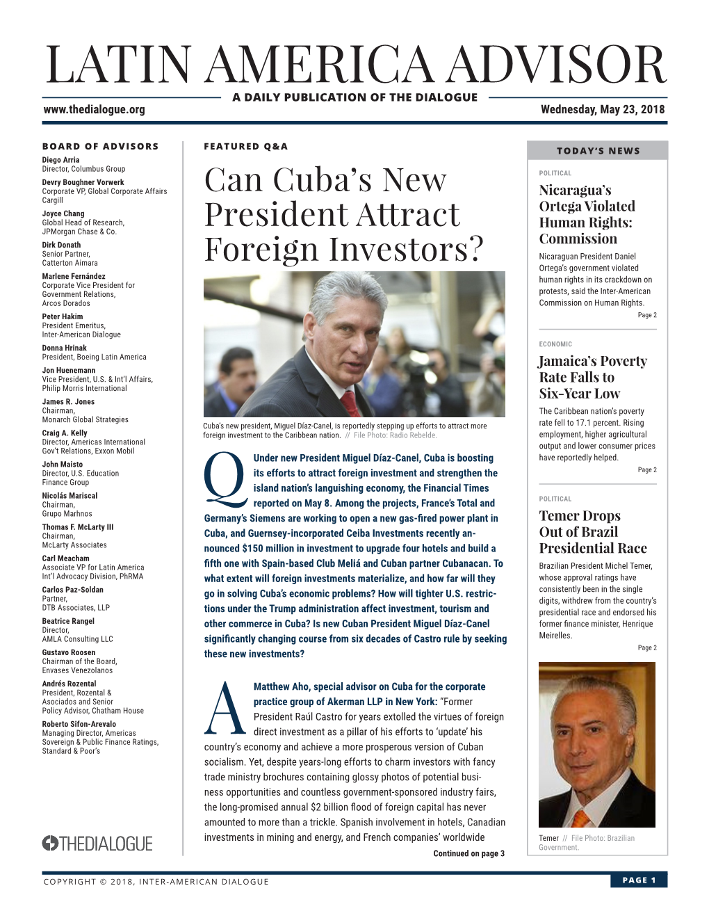 LATIN AMERICA ADVISOR a DAILY PUBLICATION of the DIALOGUE Wednesday, May 23, 2018