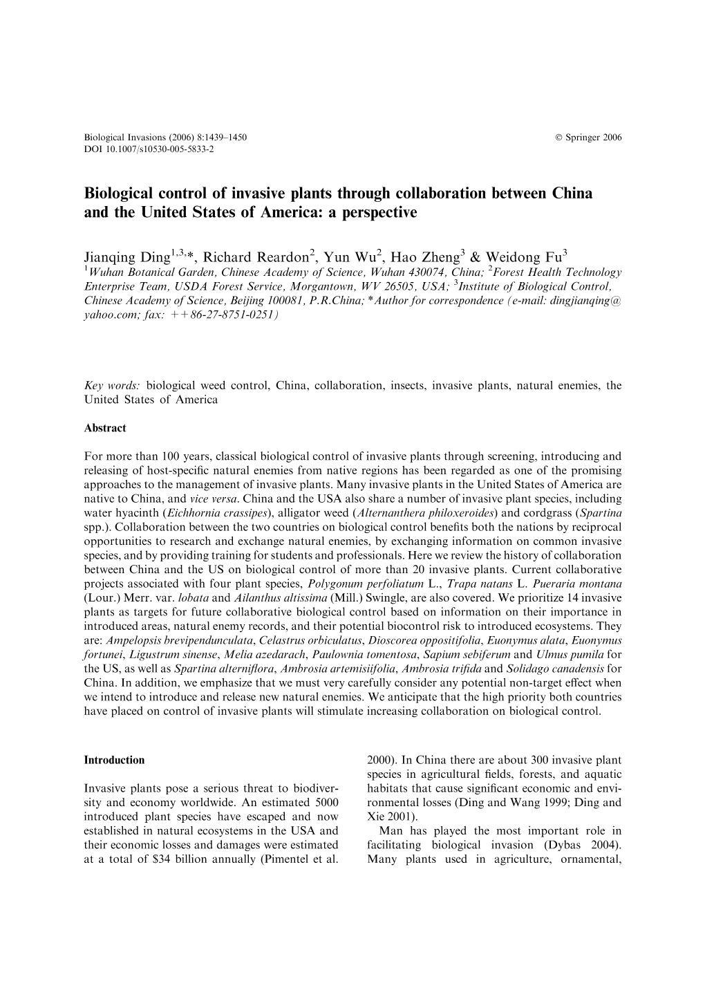 Biological Control of Invasive Plants Through Collaboration Between China and the United States of America: a Perspective