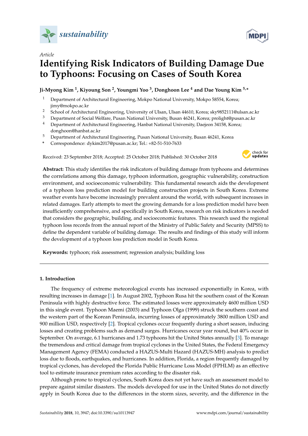 Identifying Risk Indicators of Building Damage Due to Typhoons: Focusing on Cases of South Korea
