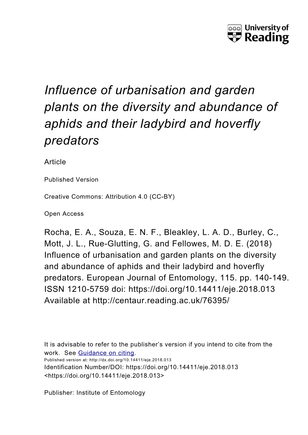 Influence of Urbanisation and Plants on the Diversity and Abundance Of