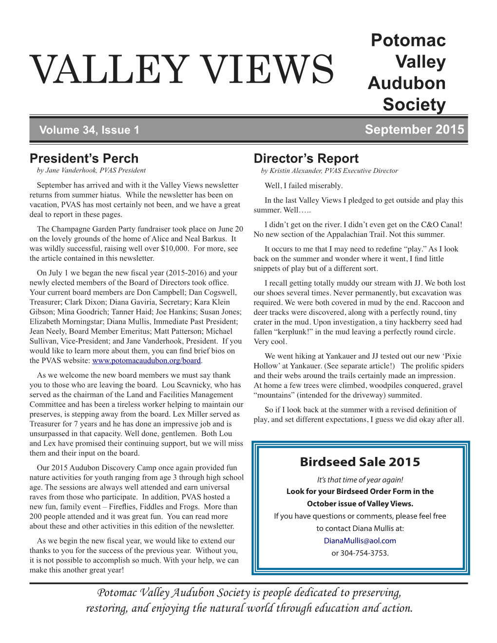 VALLEY VIEWS Valley Audubon Society Volume 34, Issue 1 September 2015