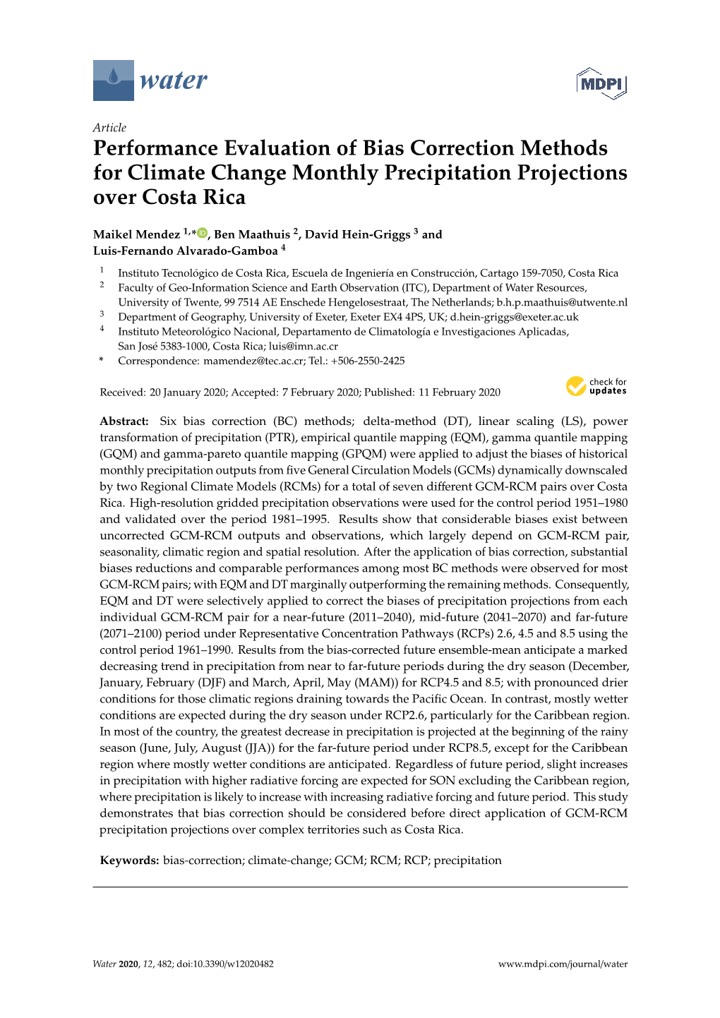 Performance Evaluation of Bias Correction Methods for Climate Change Monthly Precipitation Projections Over Costa Rica
