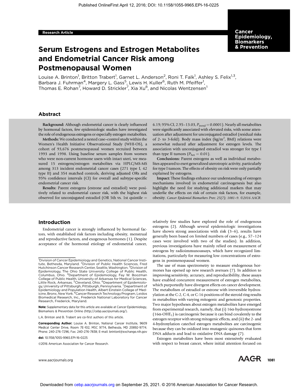 Serum Estrogens and Estrogen Metabolites and Endometrial Cancer Risk Among Postmenopausal Women