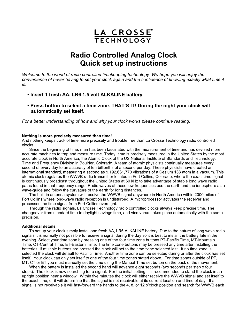 Radio Controlled Analog Clock Quick Set up Instructions