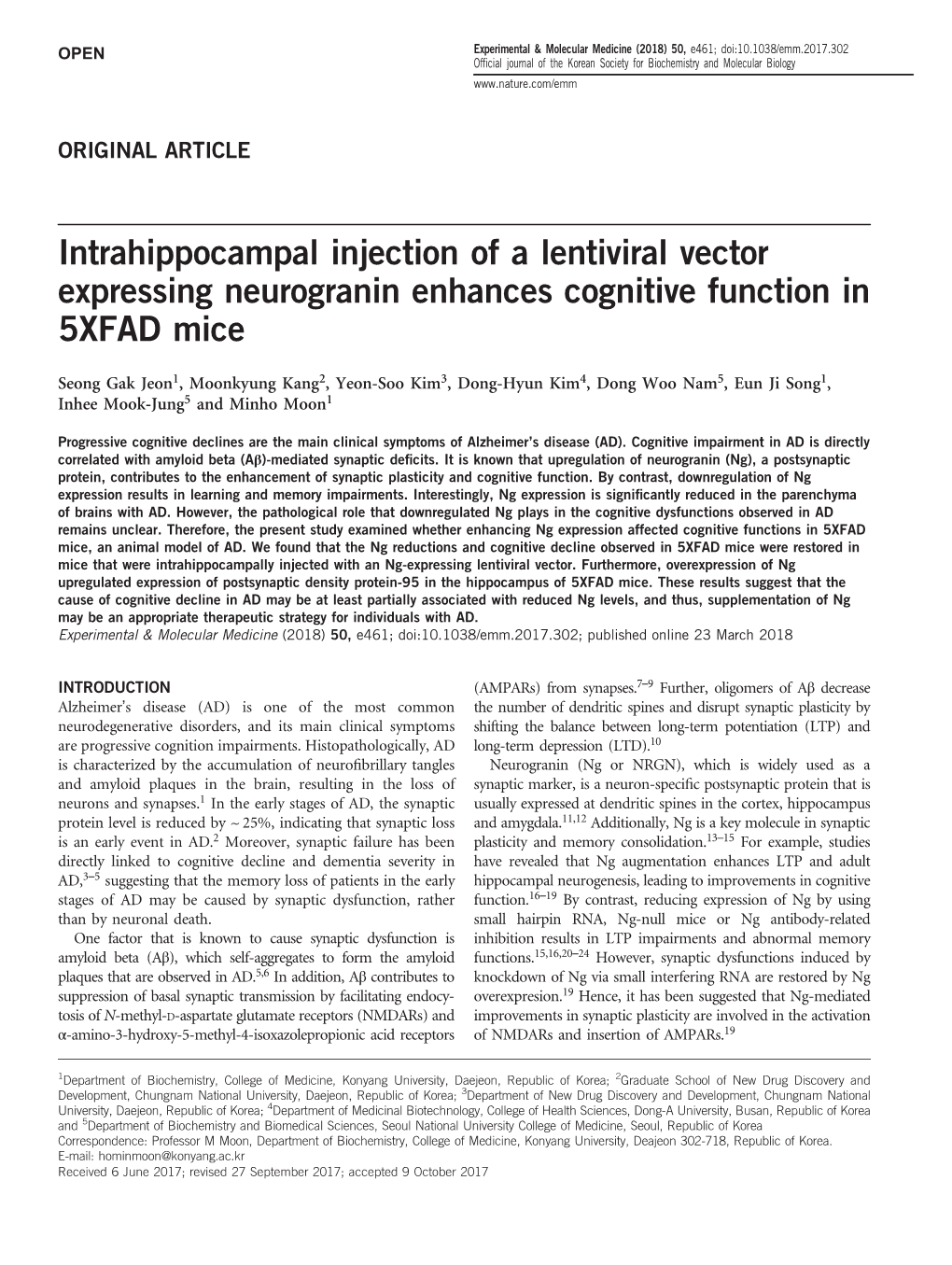 Intrahippocampal Injection of a Lentiviral Vector Expressing Neurogranin Enhances Cognitive Function in 5XFAD Mice